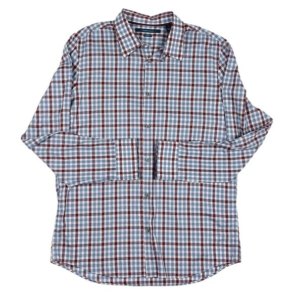 Perry Ellis Men's Long Sleeve Slim Fit Casual Shirt Sz L Maroon Blue White - Picture 1 of 8